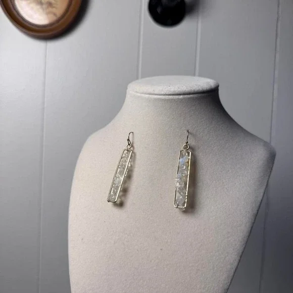 Gold Tone Rectangular Moonstone Chip Drop Dangle Earrings Boho Iridescent - Picture 1 of 8